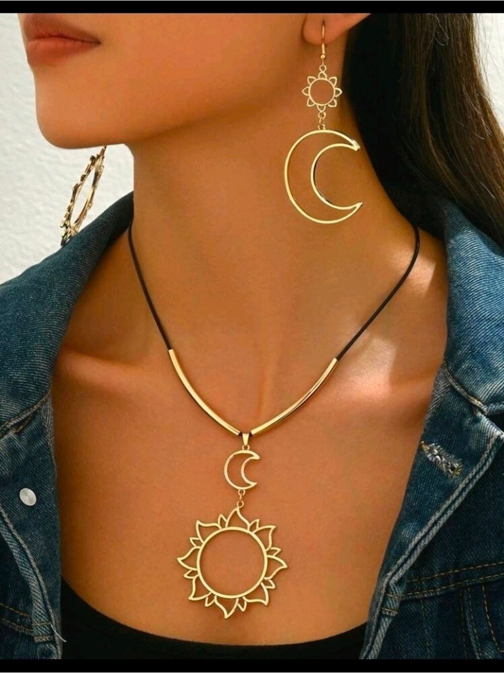 Gold Sun Crescent Pendant Necklace Earring Set Women Jewelry